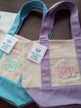 NWT 2 mini Trader Joe's pastel tote bags ~ canvas ~ durable ~ blue & purple